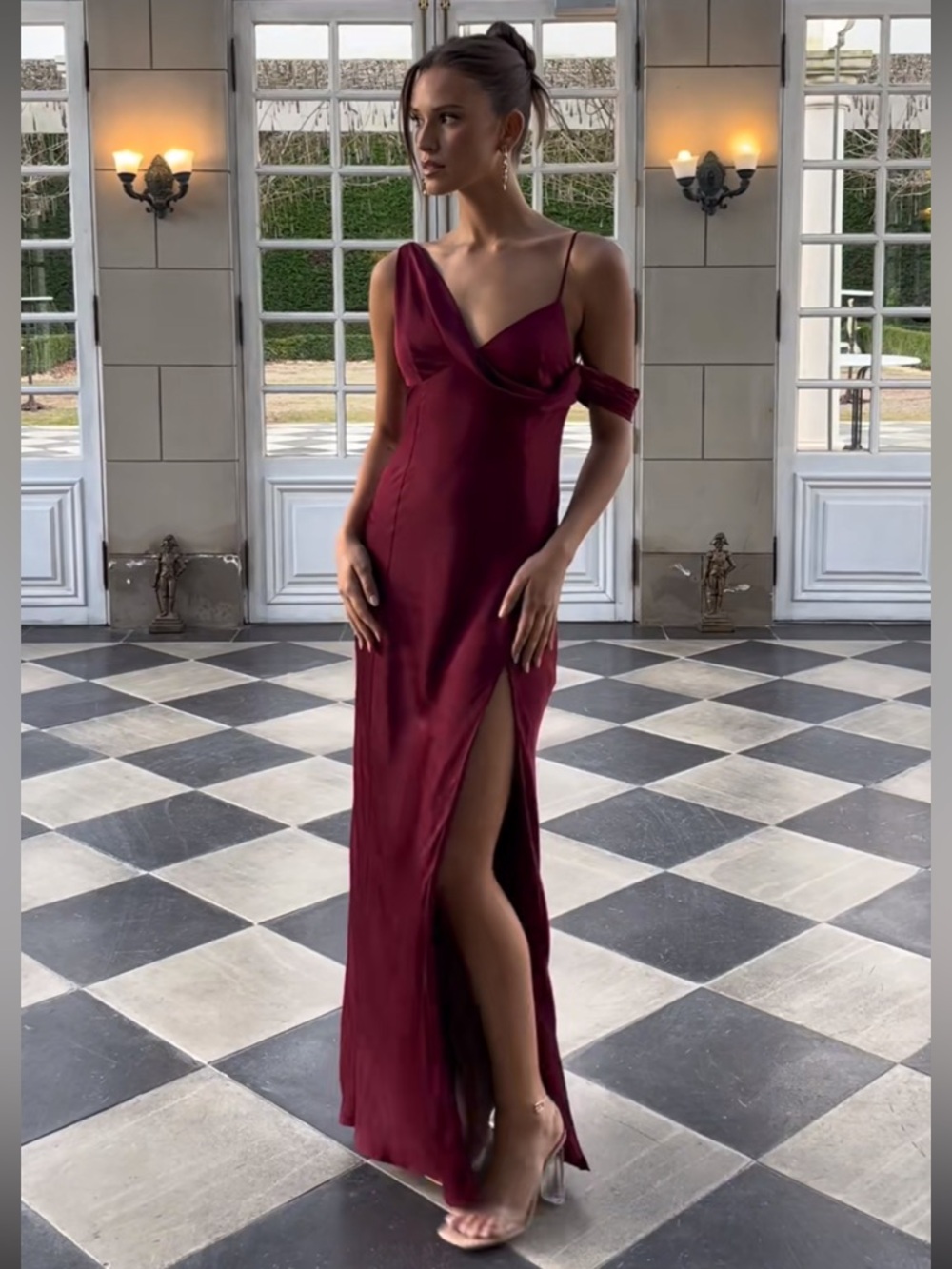 Meshki Soleil Satin Off Shoulder Maxi Dress Berry Red Size Large